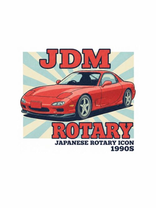Картина кола с роторен двигател: червено японско купе пред лъчи с надписи JDM ROTARY и JAPANESE ROTARY ICON