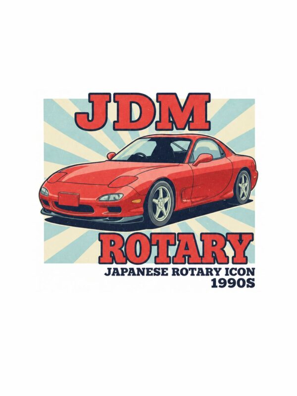 Картина кола с роторен двигател: червено японско купе пред лъчи с надписи JDM ROTARY и JAPANESE ROTARY ICON