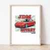 Картина с червено японско купе и надпис JDM ROTARY в светла дървена рамка, облегната на бяла стена върху паркет