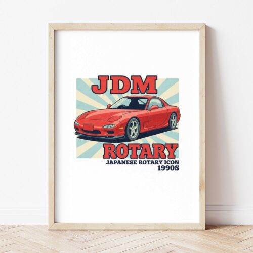 Картина с червено японско купе и надпис JDM ROTARY в светла дървена рамка, облегната на бяла стена върху паркет