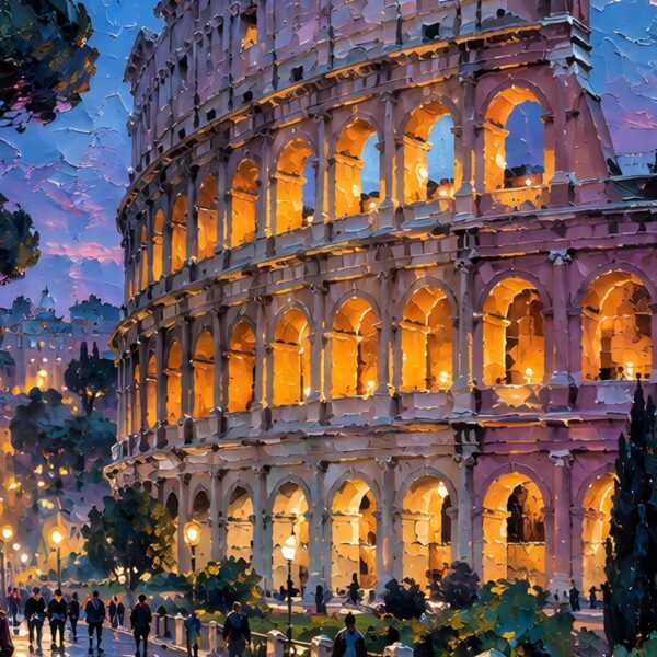 Детайл: светещи арки на Колизеума в жълто и оранжево с каменни колони между тях