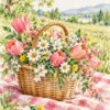 Картина кошница с полски цветя: плетена кошница с лалета и маргаритки върху розово-бяла покривка