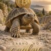 Картина костенурка с биткойн: костенурка със златна монета на черупката на фона на залез край морето