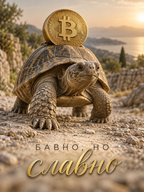 Картина костенурка с биткойн: костенурка със златна монета на черупката на фона на залез край морето