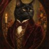 Картина котарак във викториански костюм: черен котарак в бордо кадифено сако и папионка в овален портрет