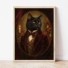 Картина с котарак във викториански костюм в светла дървена рамка, облегната на бяла стена върху паркет