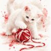 Картина коте с кълбо прежда: бяло коте с лапа върху червено-бяло кълбо, акварел