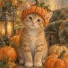 Картина коте с тиквена шапка: рижо коте между тикви, есенни листа и фенер със свещи