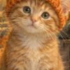 Детайл отблизо: Картина коте с тиквена шапка: рижо коте между тикви, есенни листа и фенер със свещи