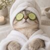 Картина котка с хавлия: котка с бяла хавлия на главата и краставица на очите в бял халат