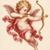 Картина купидон с лък: къдрокос купидон с крила и розова драперия, златен лък със стрела Картина купидон с лък: къдрокос купидон с крила и розова драперия, златен лък със стрела