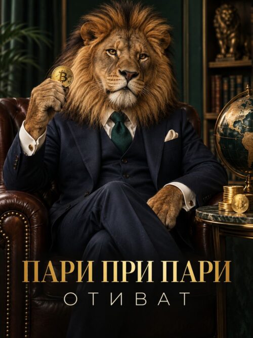 Картина лъв в костюм: лъв в тъмен костюм държи златен биткойн в кожен фотьойл, надпис „Пари при пари отиват“ Картина лъв в костюм: лъв в тъмен костюм държи златен биткойн в кожен фотьойл, надпис „Пари при пари отиват“