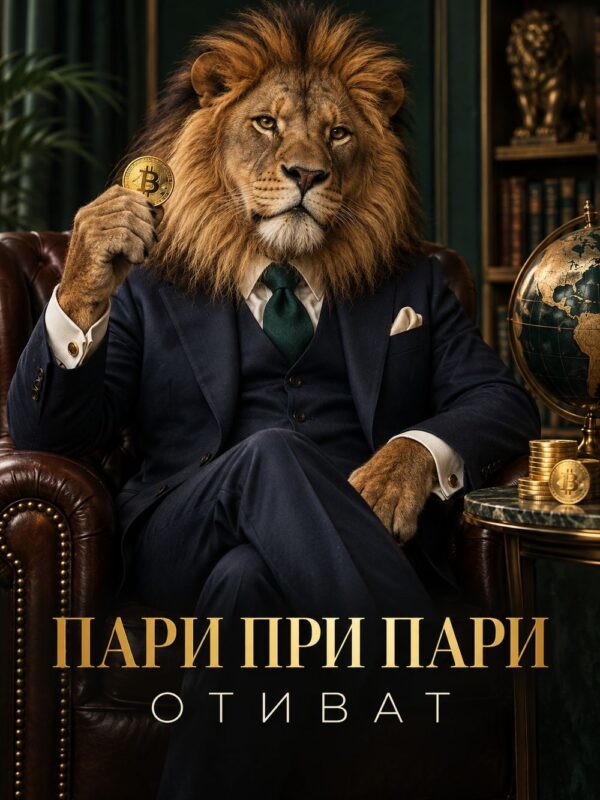Картина лъв в костюм: лъв в тъмен костюм държи златен биткойн в кожен фотьойл, надпис „Пари при пари отиват“ Картина лъв в костюм: лъв в тъмен костюм държи златен биткойн в кожен фотьойл, надпис „Пари при пари отиват“