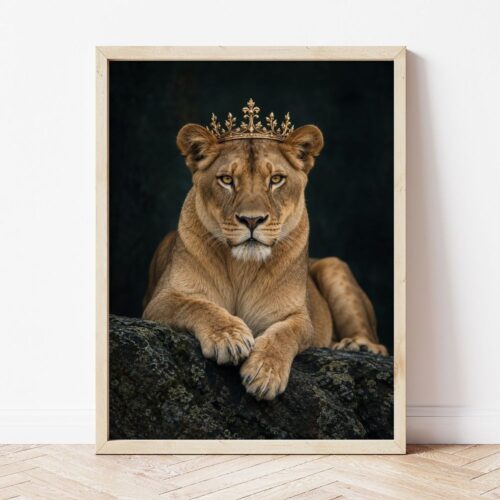 Картина с лъвица с корона в светла дървена рамка, облегната на бяла стена върху паркет