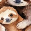 Детайл: усмихнат ленивец с тъмни ивици около очите и малкото до гърдите му