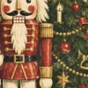 Детайл отблизо: Картина лешникотрошачката: играчка войник в червена униформа до украсена елха и три подаръка Детайл отблизо: Картина лешникотрошачката: играчка войник в червена униформа до украсена елха и три подаръка