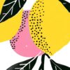 Детайл: два жълти лимона с редици черни точки, до тъмен лист с бели жилки и розов кръг