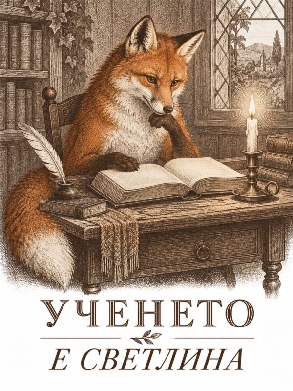 Картина лисица чете книга до свещ и перо, с надпис „Ученето е светлина“