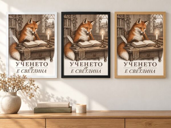 Същата картина с лисица над книга в бяла, черна и дървена рамка на стена в стая