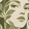 Детайл отблизо: Картина лице от листа: женско лице, слято с листа и кремави цветя в маслинено зелено Детайл отблизо: Картина лице от листа: женско лице, слято с листа и кремави цветя в маслинено зелено