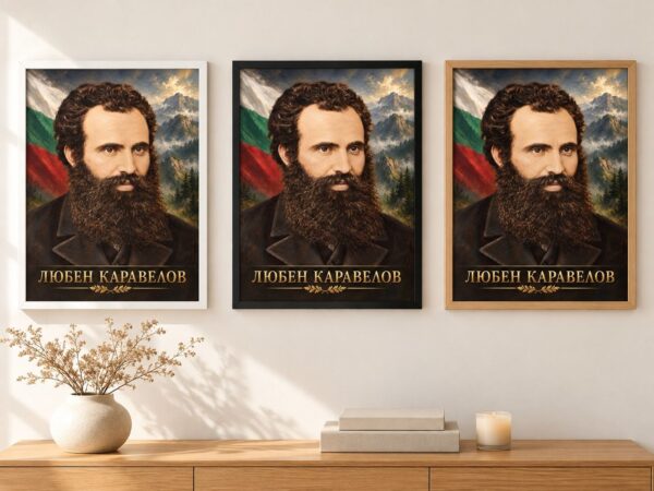 Същият портрет на Любен Каравелов в бяла, черна и дървена рамка на стена в стая