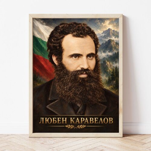 Портрет на Любен Каравелов в светла дървена рамка, облегнат на бяла стена върху паркет
