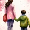 Детайл: момче в зелено яке държи майка си за ръка, до червена чанта