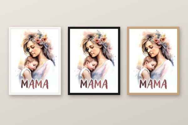Същата картина с майка и бебе в бяла, черна и дървена рамка на стена
