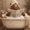 Картина мечка чете вестник: мечка с хавлия на главата във вана с пяна, с разгърнат вестник