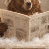 Детайл: разгърнатият вестник с колони и снимки и пяната около лапите на мечката