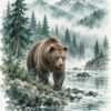Картина мечка край река: кафява мечка на брега сред смърчове и мъгла
