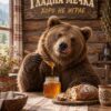 Картина мечка с мед за кухня: мечка с лъжица мед и табелка „Гладна мечка хоро не играе“ Картина мечка с мед за кухня: мечка с лъжица мед и табелка „Гладна мечка хоро не играе“
