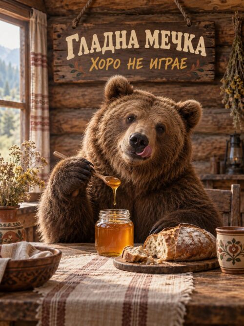 Картина мечка с мед за кухня: мечка с лъжица мед и табелка „Гладна мечка хоро не играе“ Картина мечка с мед за кухня: мечка с лъжица мед и табелка „Гладна мечка хоро не играе“