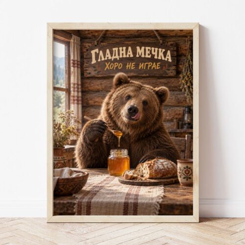 Картина с мечка, която яде мед, в светла дървена рамка, облегната на бяла стена върху паркет