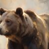 Детайл: рамото и гърдите на мечката с кафява козина и меден ръб на светлината