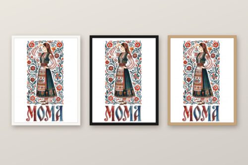 Същата картина с мома в носия в бяла, черна и дървена рамка на стена