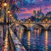 Картина мост над Сена: каменен мост с арки, лодка и катедрала в розово-лилав залез