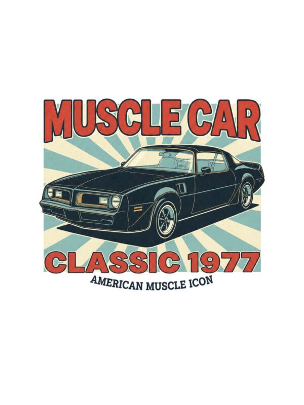 Картина мускул кар 1977: черно купе със златни линии пред лъчи, надписи MUSCLE CAR и CLASSIC 1977 Картина мускул кар 1977: черно купе със златни линии пред лъчи, надписи MUSCLE CAR и CLASSIC 1977