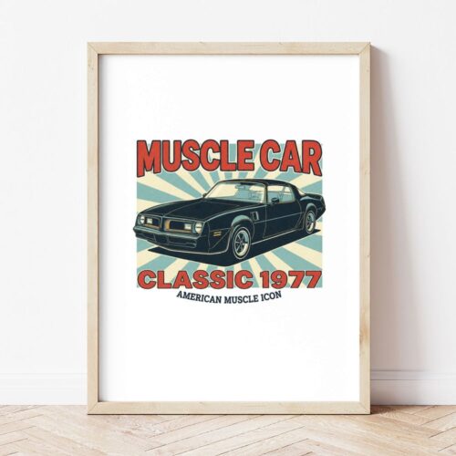 Картина с черно мускул кар купе и надпис MUSCLE CAR в светла дървена рамка, облегната на бяла стена върху паркет