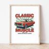 Картина с червено мускул кар купе и надпис CLASSIC MUSCLE в светла дървена рамка, облегната на бяла стена върху паркет Картина с червено мускул кар купе и надпис CLASSIC MUSCLE в светла дървена рамка, облегната на бяла стена върху паркет