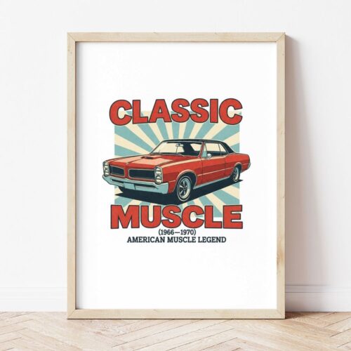 Картина с червено мускул кар купе и надпис CLASSIC MUSCLE в светла дървена рамка, облегната на бяла стена върху паркет