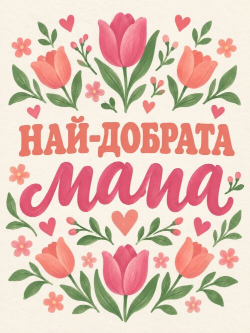 Картина най-добрата мама: надпис „НАЙ-ДОБРАТА мама“ между розови и корални лалета и сърца на кремав фон Картина най-добрата мама: надпис „НАЙ-ДОБРАТА мама“ между розови и корални лалета и сърца на кремав фон