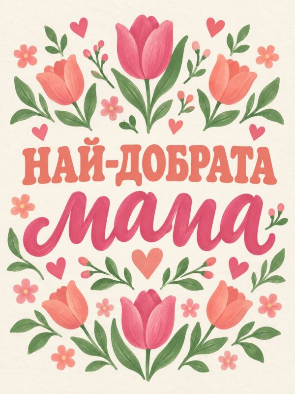 Картина най-добрата мама: надпис „НАЙ-ДОБРАТА мама“ между розови и корални лалета и сърца на кремав фон