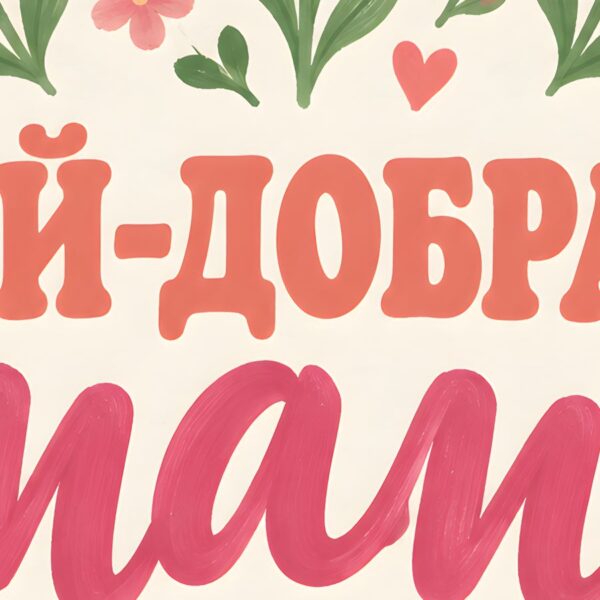 Детайл отблизо: Картина най-добрата мама: надпис „НАЙ-ДОБРАТА мама“ между розови и корални лалета и сърца на кремав фон
