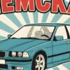 Детайл отблизо: Картина немска кола от 90-те: тюркоазен седан в кръг от лъчи с надписи НЕМСКА КЛАСИКА и ИКОНА ОТ 90-ТЕ Детайл отблизо: Картина немска кола от 90-те: тюркоазен седан в кръг от лъчи с надписи НЕМСКА КЛАСИКА и ИКОНА ОТ 90-ТЕ