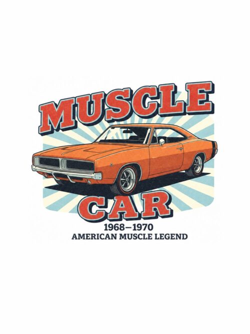 Картина оранжев мускул кар: оранжево купе пред сини лъчи с надписи MUSCLE CAR и AMERICAN MUSCLE LEGEND Картина оранжев мускул кар: оранжево купе пред сини лъчи с надписи MUSCLE CAR и AMERICAN MUSCLE LEGEND