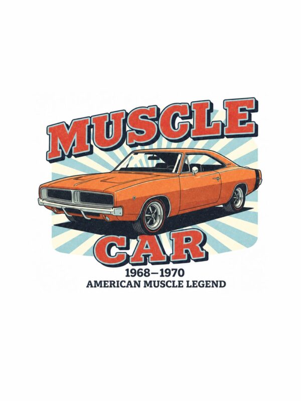 Картина оранжев мускул кар: оранжево купе пред сини лъчи с надписи MUSCLE CAR и AMERICAN MUSCLE LEGEND Картина оранжев мускул кар: оранжево купе пред сини лъчи с надписи MUSCLE CAR и AMERICAN MUSCLE LEGEND