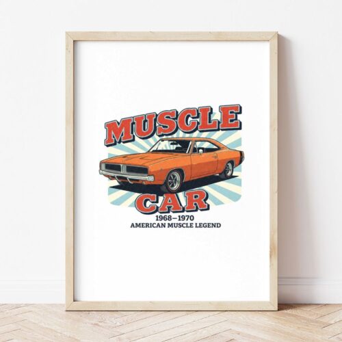 Картина с оранжево мускул кар купе и надпис MUSCLE CAR в светла дървена рамка, облегната на бяла стена върху паркет