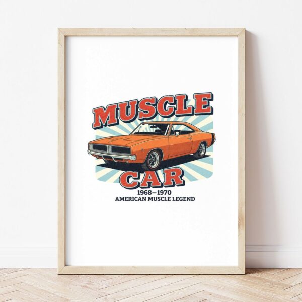 Картина с оранжево мускул кар купе и надпис MUSCLE CAR в светла дървена рамка, облегната на бяла стена върху паркет Картина с оранжево мускул кар купе и надпис MUSCLE CAR в светла дървена рамка, облегната на бяла стена върху паркет