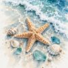 Картина оранжева морска звезда на мокрия пясък с миди, парченца морско стъкло и пенеста вълна